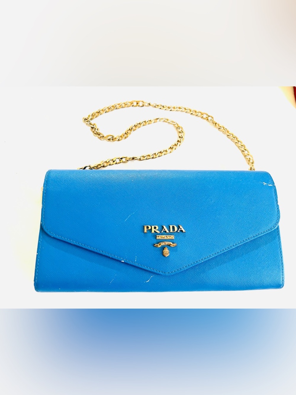 Vintage Prada Bright Blue Saffiano Envelope Chain Clutch